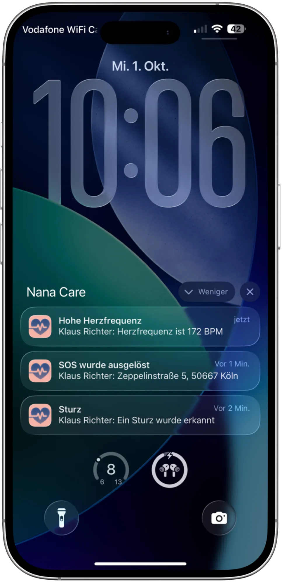Sperrbildschirm eines iPhones mit drei Meldungen von Nana Care: „Hohe Herzfrequenz — Herzfrequenz ist 172 BPM“, „SOS wurde ausgelöst“ mit Adresse und „Sturz — ein Sturz wurde erkannt“.
